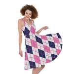 White Pink And Blue Argyle Pattern Print Women's Sleeveless Dress