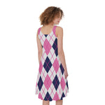 White Pink And Blue Argyle Pattern Print Women's Sleeveless Dress