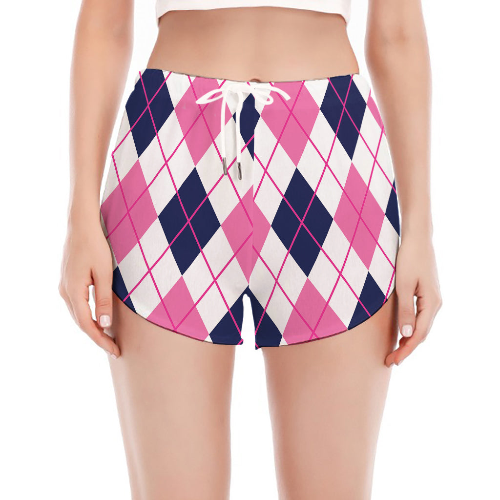White Pink And Blue Argyle Pattern Print Women's Split Running Shorts