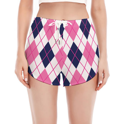White Pink And Blue Argyle Pattern Print Women's Split Running Shorts