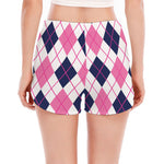 White Pink And Blue Argyle Pattern Print Women's Split Running Shorts