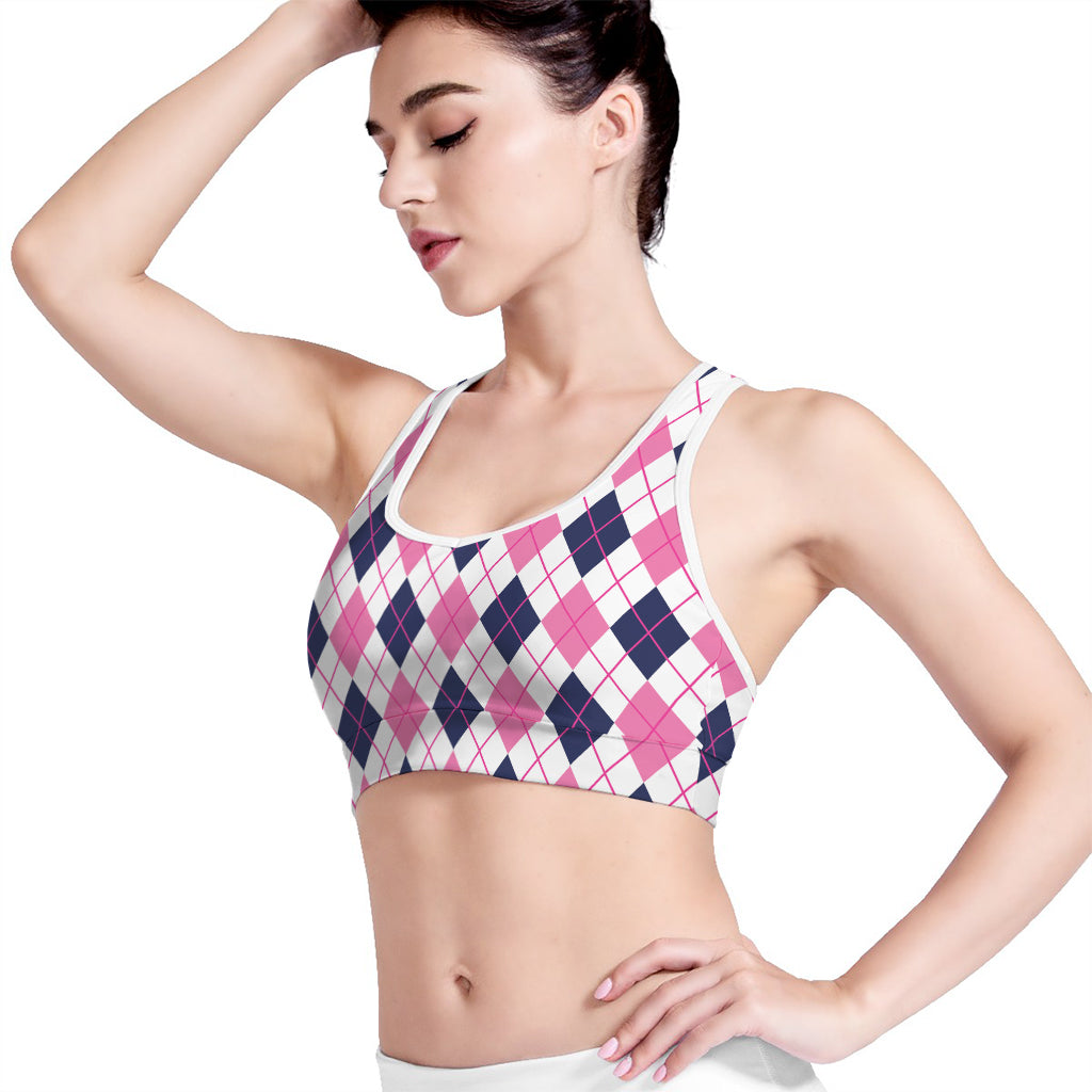 White Pink And Blue Argyle Pattern Print Women's Sports Bra
