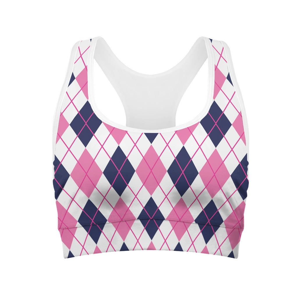 White Pink And Blue Argyle Pattern Print Women's Sports Bra