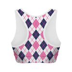 White Pink And Blue Argyle Pattern Print Women's Sports Bra