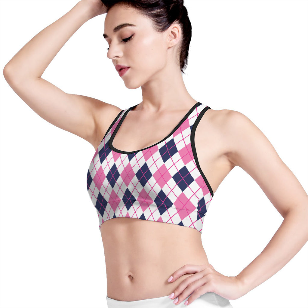 White Pink And Blue Argyle Pattern Print Women's Sports Bra
