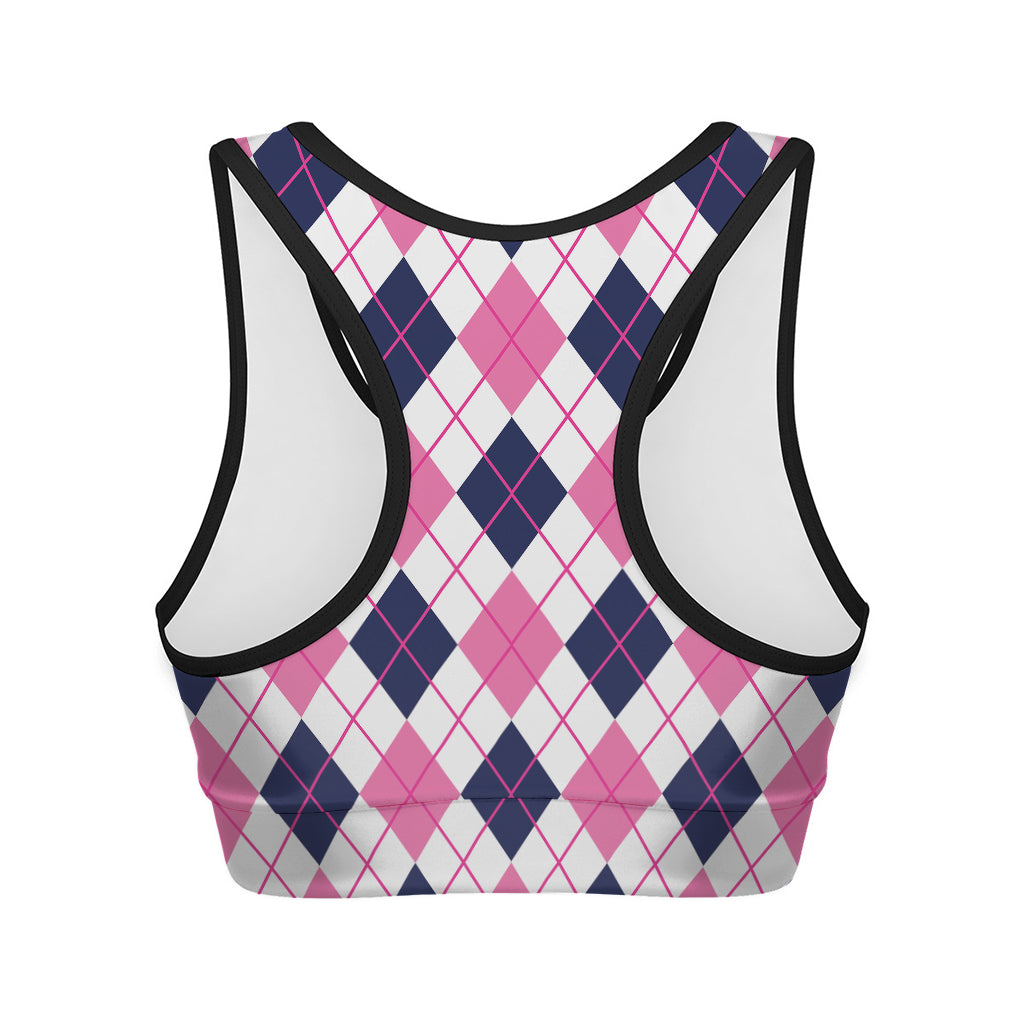 White Pink And Blue Argyle Pattern Print Women's Sports Bra