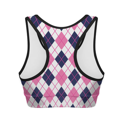 White Pink And Blue Argyle Pattern Print Women's Sports Bra