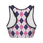 White Pink And Blue Argyle Pattern Print Women's Sports Bra