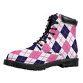 White Pink And Blue Argyle Pattern Print Padded Collar Lace Up Boots