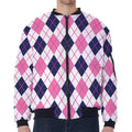 White Pink And Blue Argyle Pattern Print Zip Sleeve Bomber Jacket