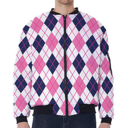 White Pink And Blue Argyle Pattern Print Zip Sleeve Bomber Jacket