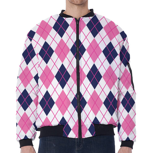 White Pink And Blue Argyle Pattern Print Zip Sleeve Bomber Jacket