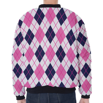 White Pink And Blue Argyle Pattern Print Zip Sleeve Bomber Jacket