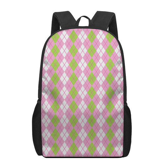 White Pink And Green Argyle Print 17 Inch Backpack
