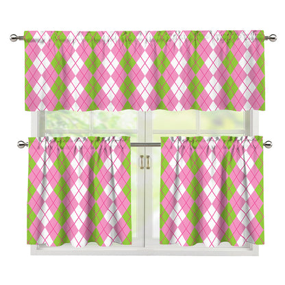 White Pink And Green Argyle Print 3 Piece Kitchen Curtains