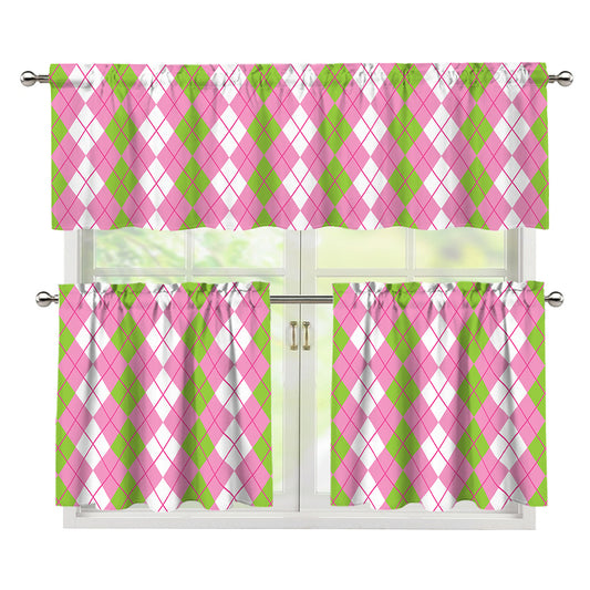 White Pink And Green Argyle Print 3 Piece Kitchen Curtains