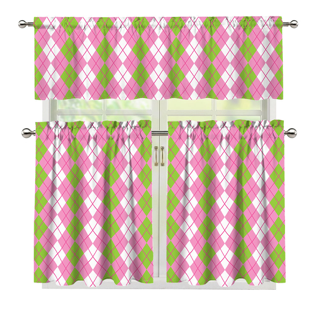 White Pink And Green Argyle Print 3 Piece Kitchen Curtains
