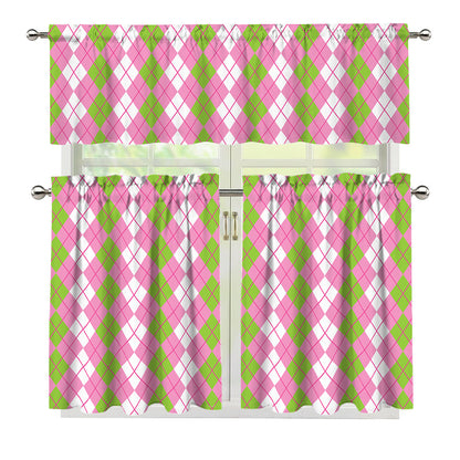 White Pink And Green Argyle Print 3 Piece Kitchen Curtains