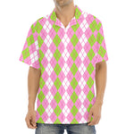 White Pink And Green Argyle Print Aloha Shirt