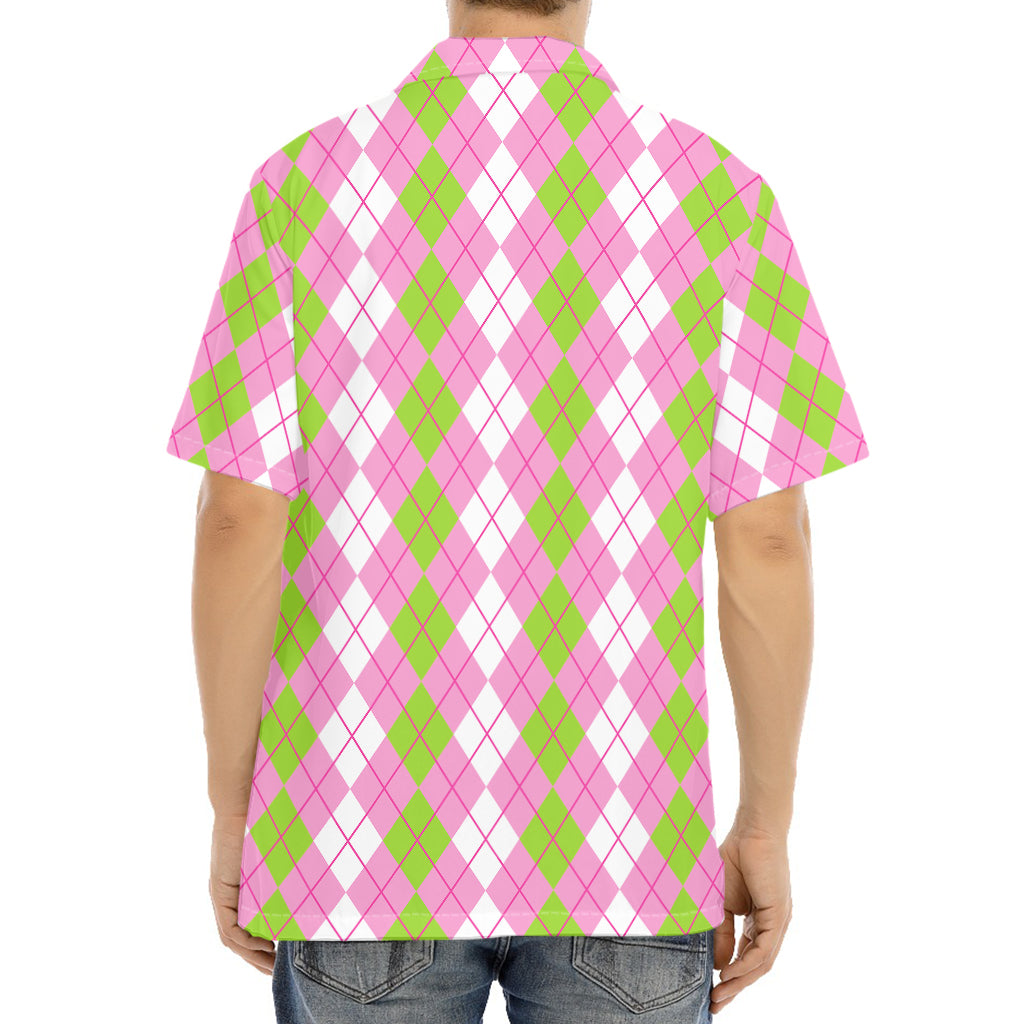 White Pink And Green Argyle Print Aloha Shirt