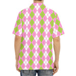 White Pink And Green Argyle Print Aloha Shirt