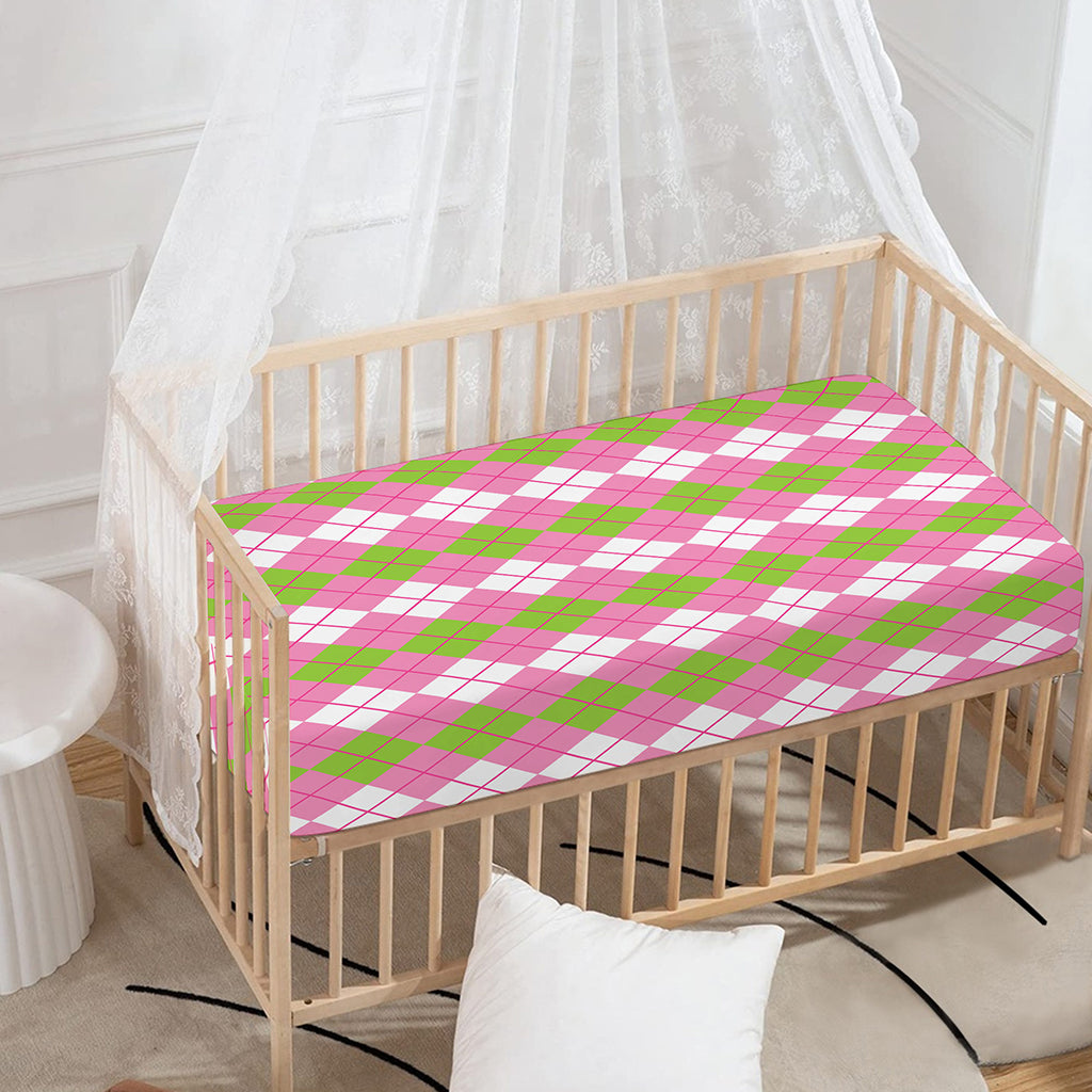 White Pink And Green Argyle Print Baby Crib Sheet