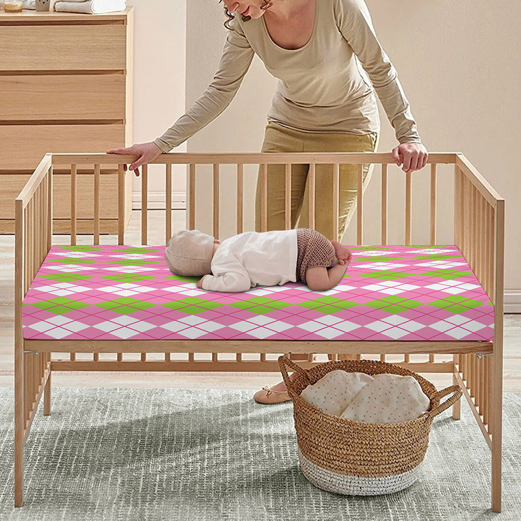 White Pink And Green Argyle Print Baby Crib Sheet