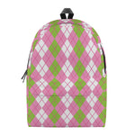 White Pink And Green Argyle Print Backpack