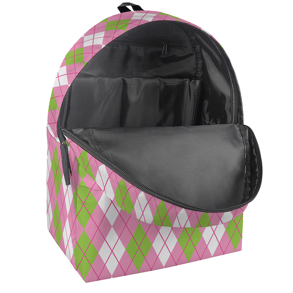 White Pink And Green Argyle Print Backpack