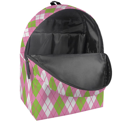 White Pink And Green Argyle Print Backpack