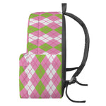 White Pink And Green Argyle Print Backpack