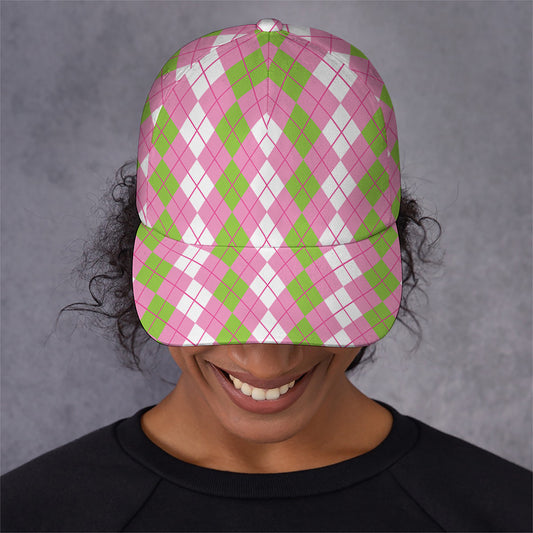 White Pink And Green Argyle Print Baseball Cap
