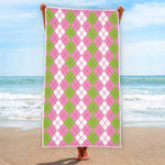 White Pink And Green Argyle Print Beach Towel