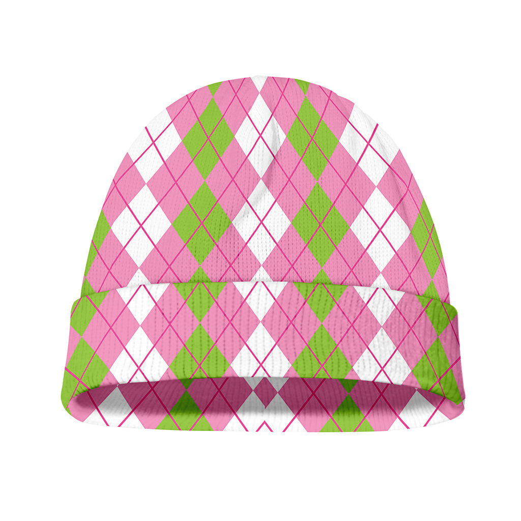 White Pink And Green Argyle Print Beanie