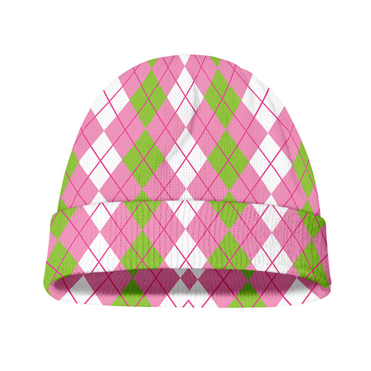 White Pink And Green Argyle Print Beanie