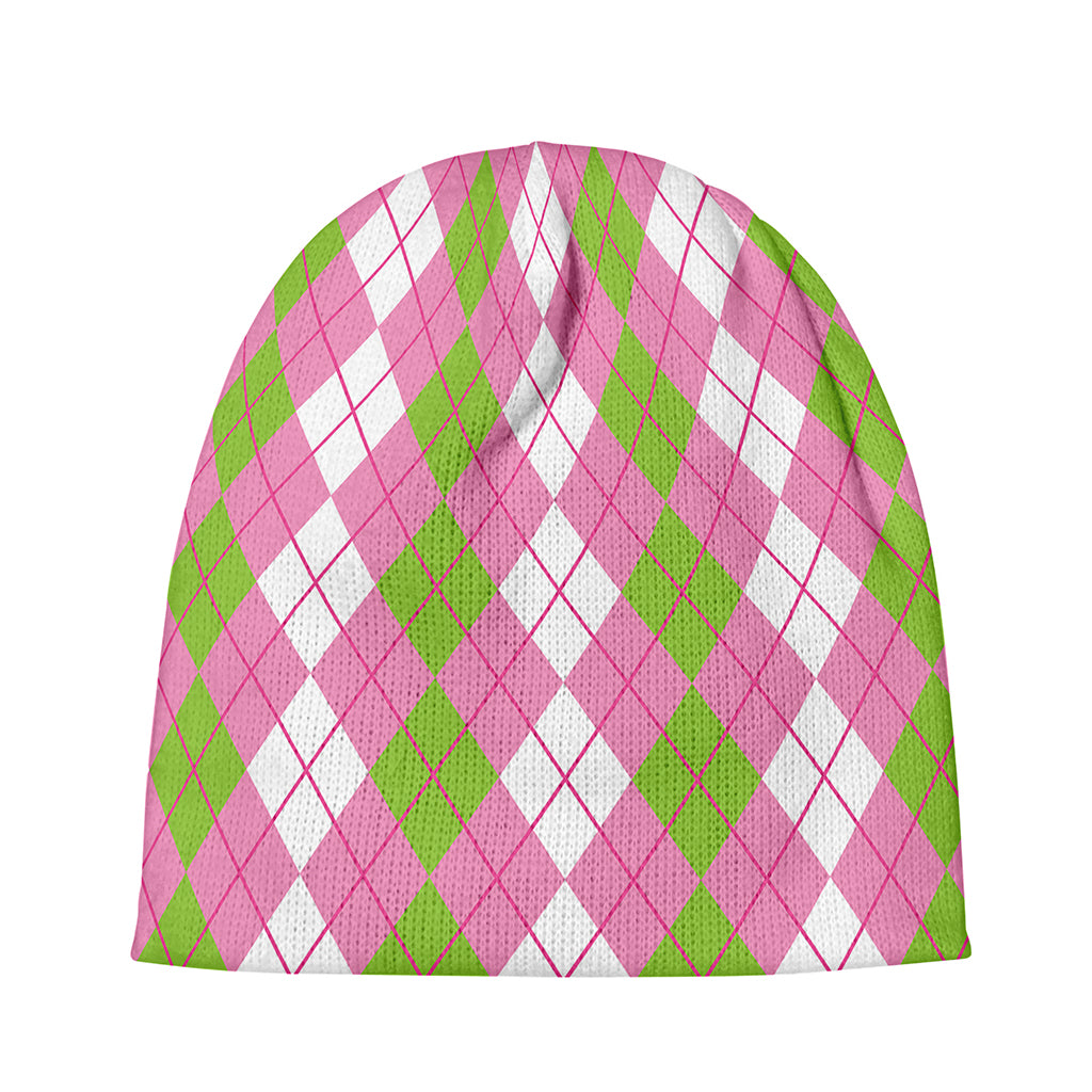 White Pink And Green Argyle Print Beanie