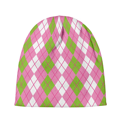 White Pink And Green Argyle Print Beanie