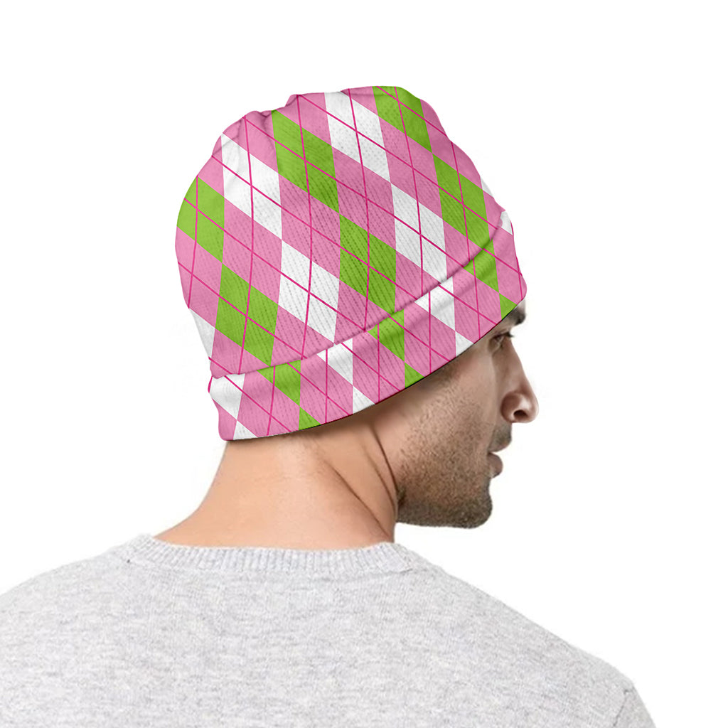 White Pink And Green Argyle Print Beanie