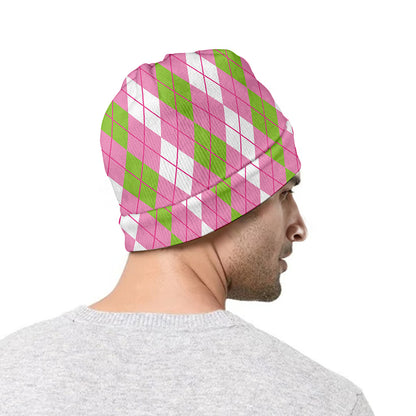 White Pink And Green Argyle Print Beanie