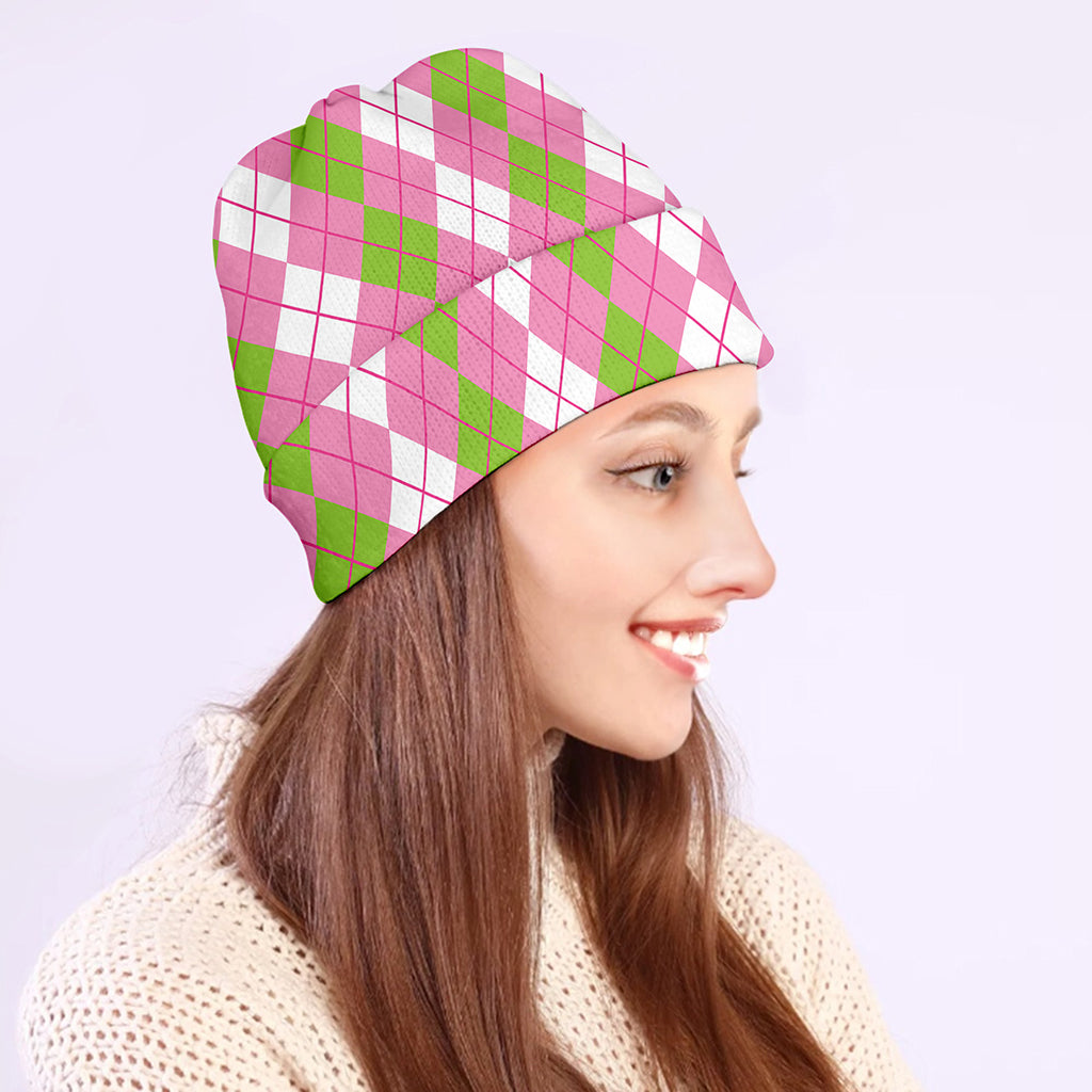 White Pink And Green Argyle Print Beanie