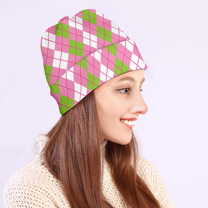 White Pink And Green Argyle Print Beanie