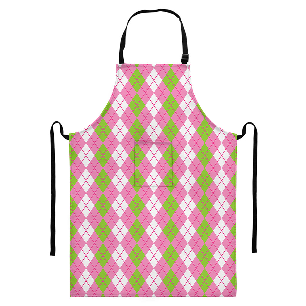 White Pink And Green Argyle Print Bib Apron With Pocket