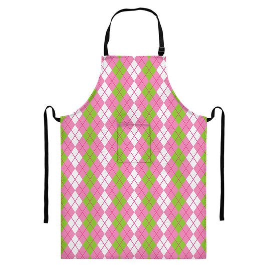 White Pink And Green Argyle Print Bib Apron With Pocket