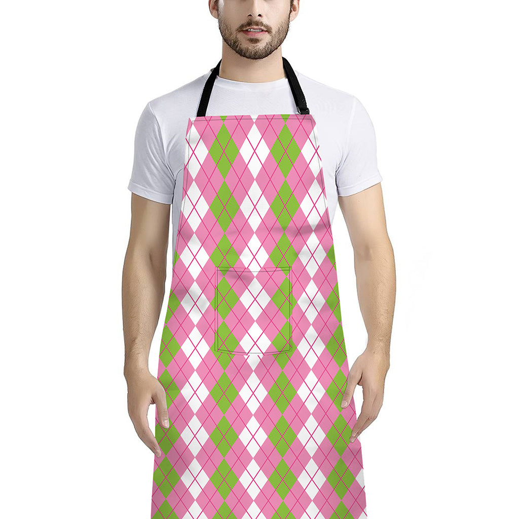 White Pink And Green Argyle Print Bib Apron With Pocket