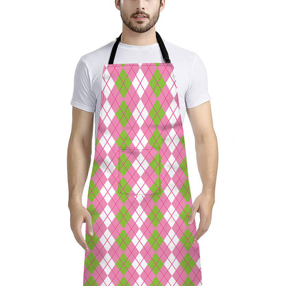 White Pink And Green Argyle Print Bib Apron With Pocket