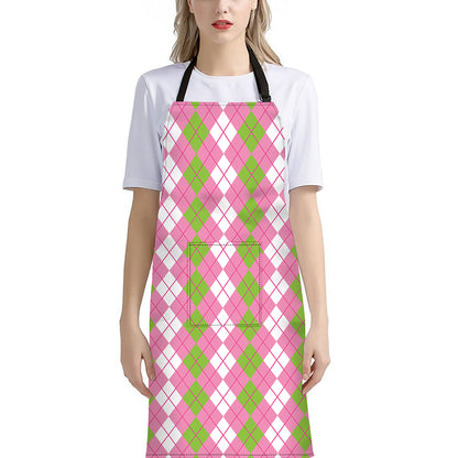 White Pink And Green Argyle Print Bib Apron With Pocket