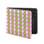White Pink And Green Argyle Print Bifold Wallet