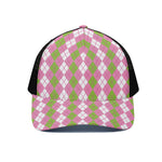 White Pink And Green Argyle Print Black Mesh Trucker Cap