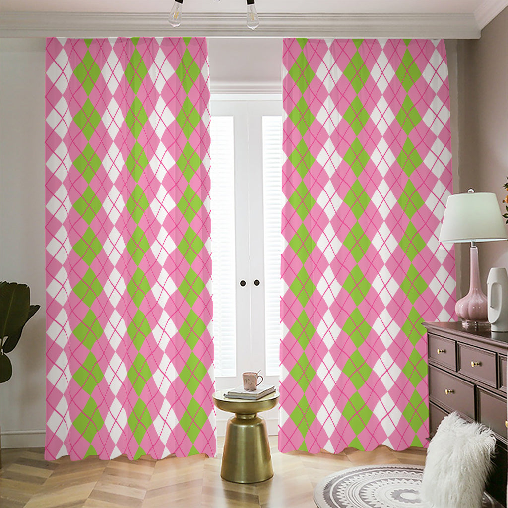 White Pink And Green Argyle Print Blackout Pencil Pleat Curtains