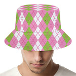 White Pink And Green Argyle Print Bucket Hat